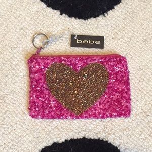 NWT Bebe Pink & Gold Beaded Key/Coin Purse
